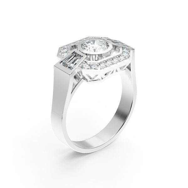 Bague Art Déco — Or blanc, diamants brillants et trapèzes